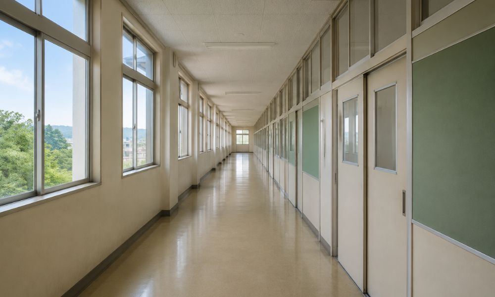 学校の廊下をイメージした、窓から自然光が差し込む静かで無人の校舎内の風景