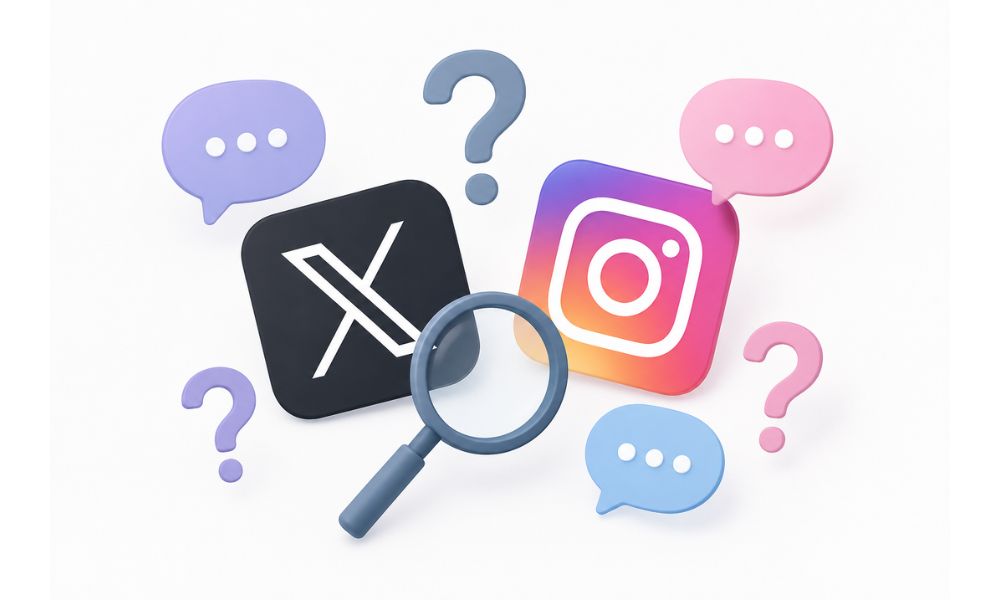 X（旧Twitter）とInstagramのSNSを比較・検索するイメージを表現した虫眼鏡と疑問符のイラスト
