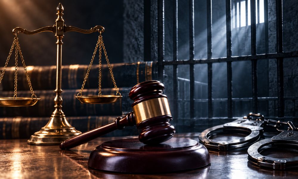 窃盗罪と詐欺罪の刑罰を示すイメージ(裁判官の木槌・天秤・手錠と拘置所の鉄格子)